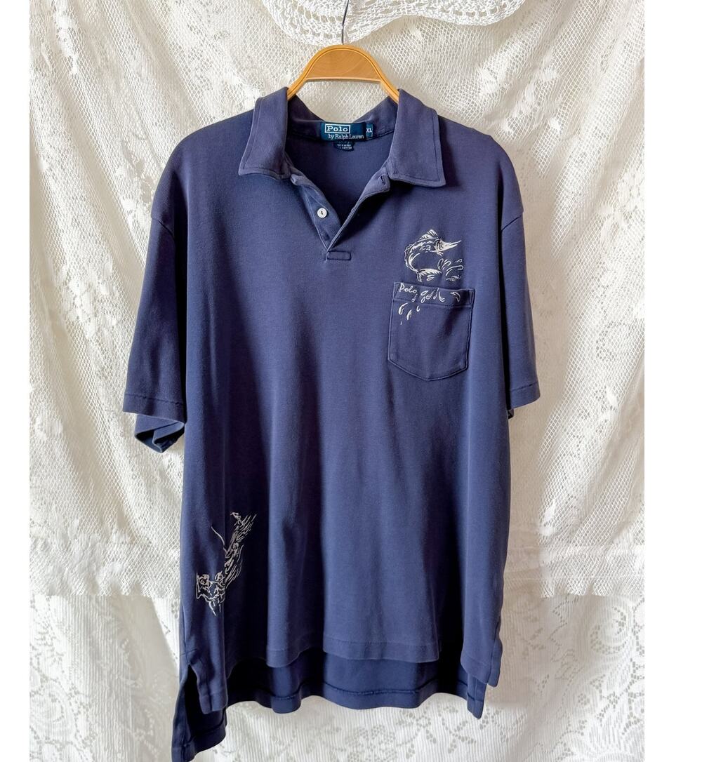 Vintage Polo Ralph Lauren Sailfish Swordfish Navy Embroidered Shirt mens XL